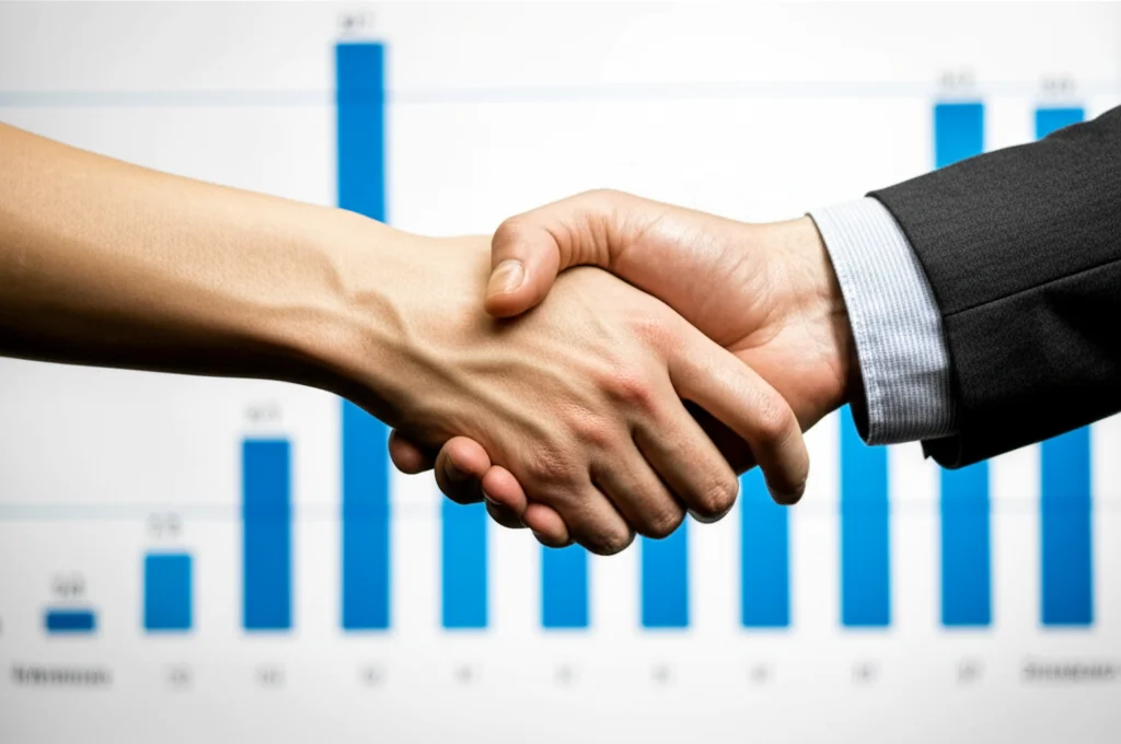 Due mani che si stringono, una rappresentante un paziente e l'altra un ricercatore, con sullo sfondo grafici che mostrano il miglioramento dei sintomi dell'artrite, fotografia in stile reportage, obiettivo 35mm, profondità di campo per mettere a fuoco le mani, simboleggiando la speranza e la collaborazione nella ricerca.