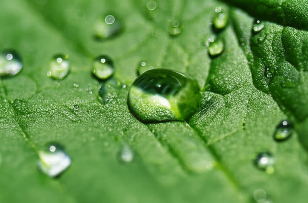 Primo piano macro di una foglia di cetriolo verde brillante, con goccioline d'acqua che ne evidenziano la texture. Obiettivo macro da 60mm, illuminazione controllata per dettagli nitidi, messa a fuoco precisa sulle venature.