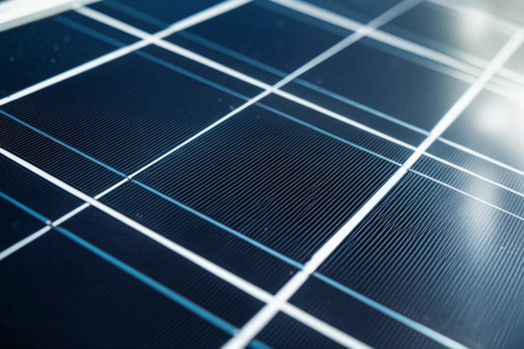 Un'immagine macro di un pannello solare high-tech, con la luce del sole che si riflette sulla sua superficie, illuminazione controllata per evidenziare i dettagli delle celle fotovoltaiche. Obiettivo macro 90mm, alta definizione.