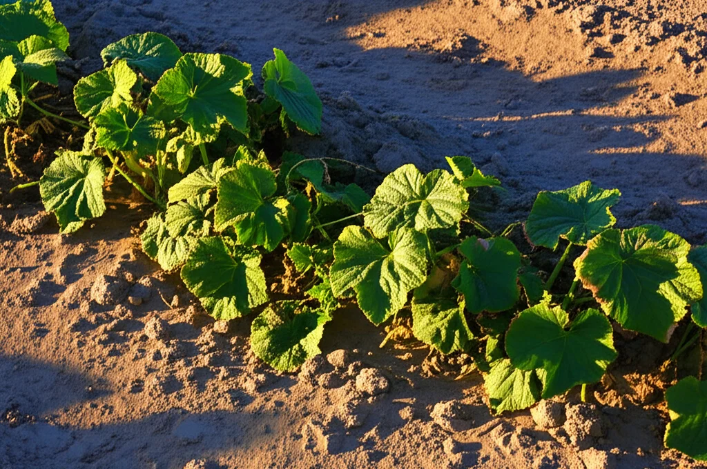 Una pianta di cetriolo in un campo che mostra segni di stress da siccità, con foglie leggermente appassite e terreno secco. Obiettivo teleobiettivo zoom 100-400mm, luce naturale del tardo pomeriggio, per catturare l'atmosfera di difficoltà.