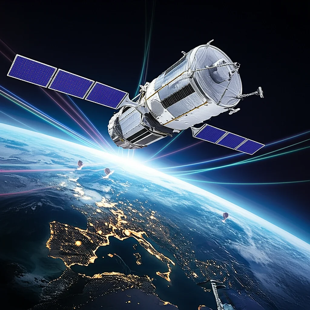 Visualizzazione artistica di un satellite LEO che orbita attorno alla Terra, con fasci di dati che vengono trasmessi verso stazioni terrestri. Stile futuristico, colori brillanti, dettagli nitidi del satellite e della curvatura terrestre. Obiettivo grandangolare 20mm, messa a fuoco nitida.