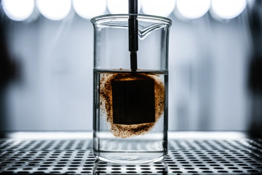 Macro lens, 60mm, high detail, precise focusing, controlled lighting, un campione di polvere di lignite marrone scuro in un becher di vetro con un liquido trasparente (acido solforico) agitato da un agitatore magnetico in un ambiente di laboratorio, con una cappa chimica visibile sullo sfondo.
