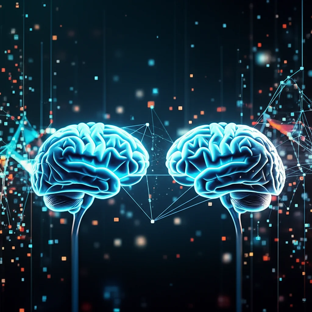 Una visualizzazione concettuale di una rete GAN, con due cervelli stilizzati (generatore e discriminatore) che si scambiano informazioni, circondati da pixel digitali. Illuminazione drammatica, stile high-tech, obiettivo prime 35mm, profondità di campo.