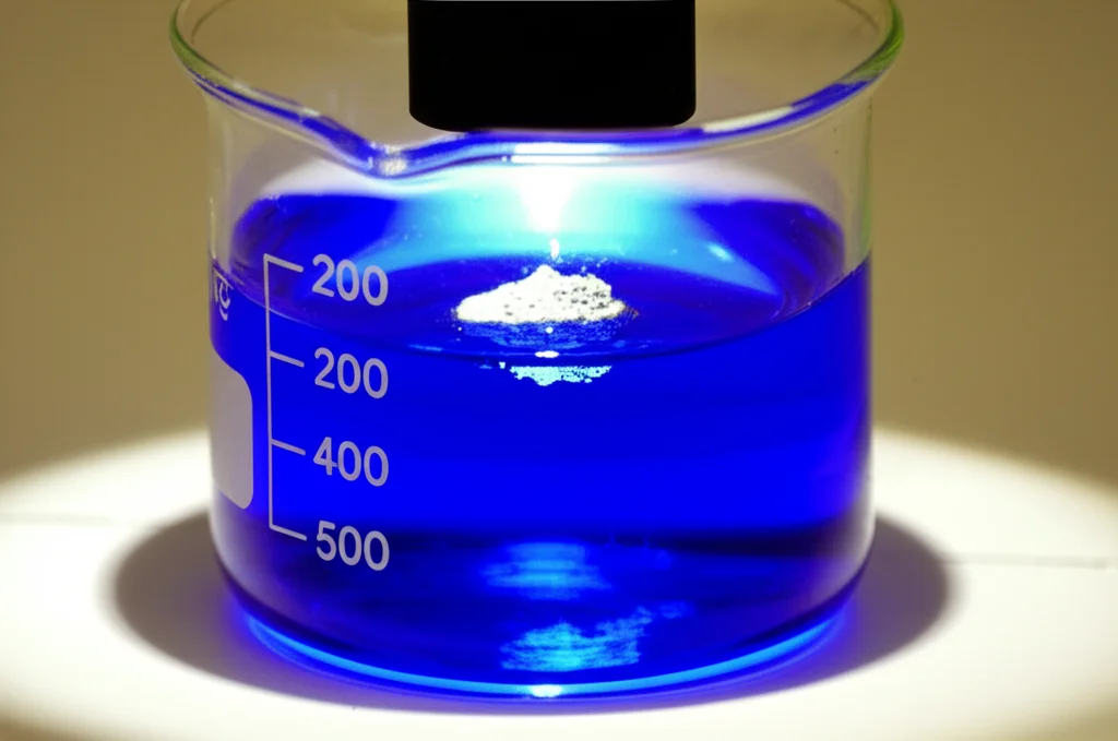 Macro lens, 100mm, high detail, controlled lighting, una piccola pila di polvere scura (il fotocatalizzatore CdS@L) su un vetrino da orologio, accanto a un becher contenente una soluzione blu (blu di metilene) su cui è puntata una lampada UV, suggerendo un esperimento di fotocatalisi in corso.