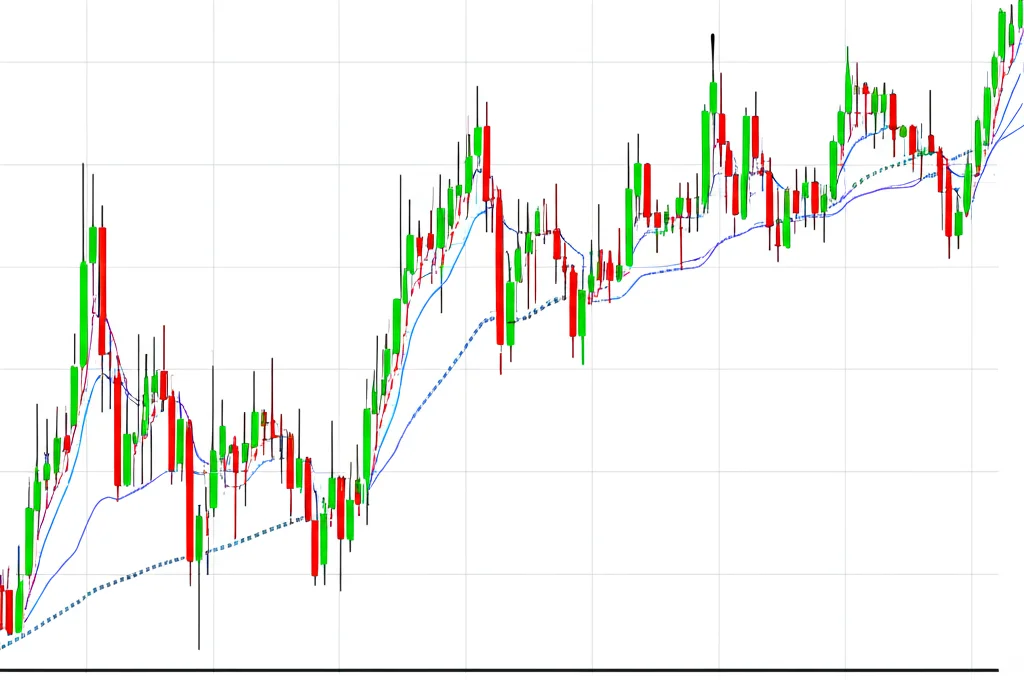 Un grafico astratto che rappresenta una serie temporale complessa con componenti di stagionalità e trend evidenziate, con una linea di previsione che si estende nel futuro. Colori vivaci, design pulito e moderno. Obiettivo macro 60mm per i dettagli del grafico.