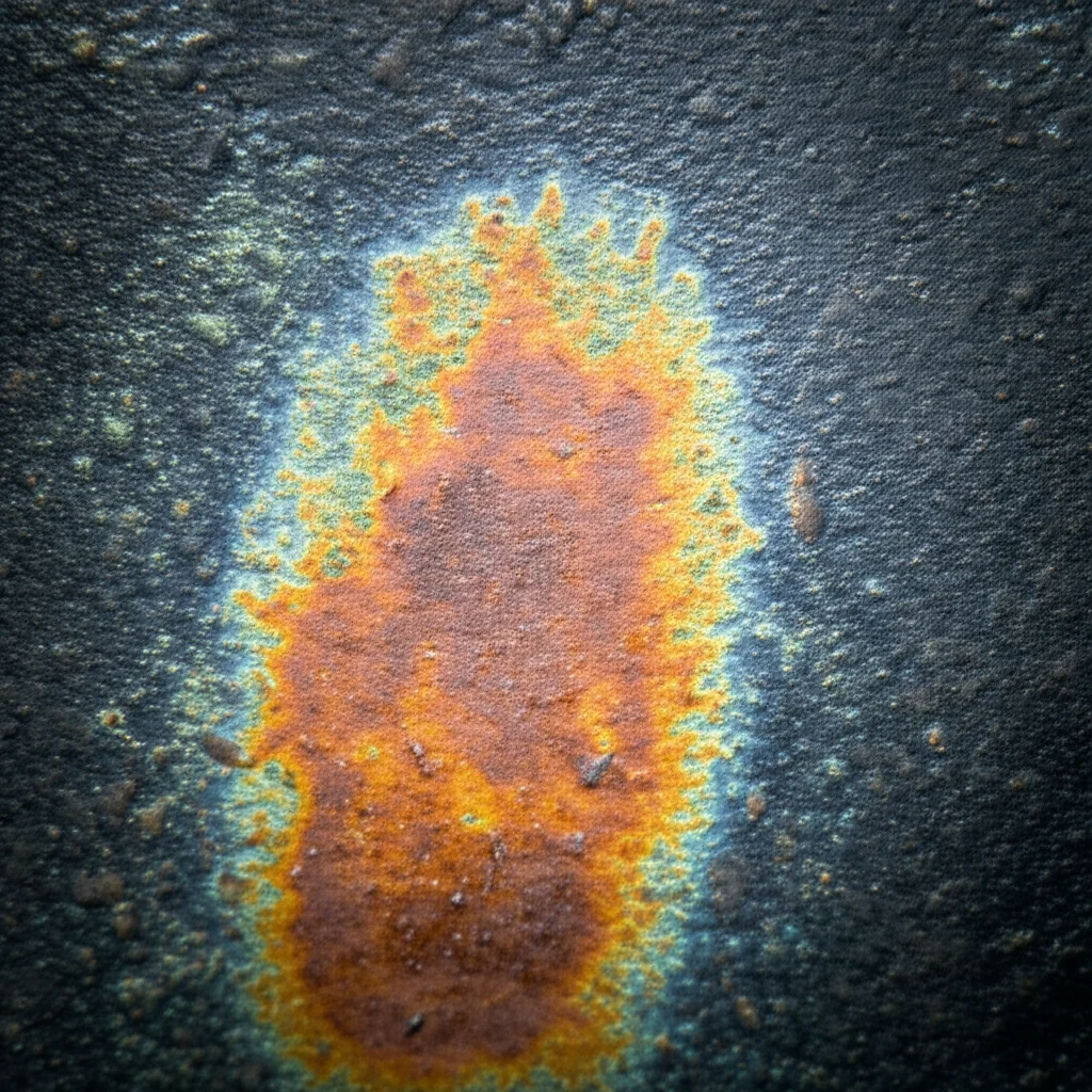 Primo piano macro di una piastra di rinforzo in acciaio 16Mn visibilmente corrosa, con dettagli di ruggine e incrostazioni saline, illuminazione controllata per evidenziare la texture, obiettivo macro 90mm, alta definizione.