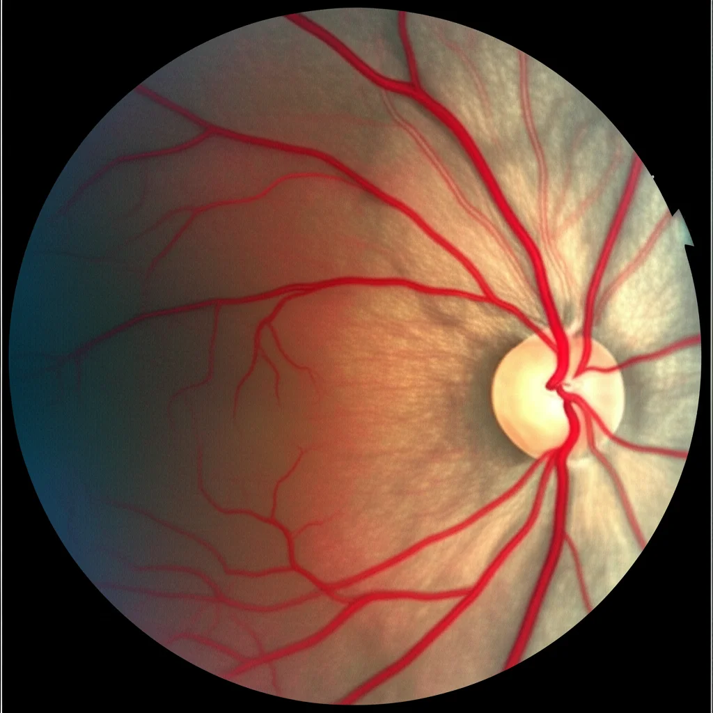 Immagine al microscopio di fibre nervose retiniche peripapillari, con alcune aree che mostrano un evidente assottigliamento. Macro lens, 100mm, illuminazione controllata per evidenziare i dettagli strutturali, alta definizione.