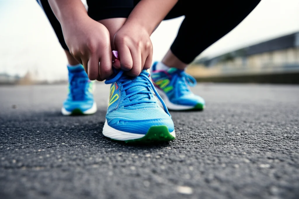 Una persona che si allaccia le scarpe da ginnastica, pronta per un'attività fisica, con focus sulle scarpe e sulle mani, ripresa dal basso, obiettivo macro 90mm, dettagli nitidi, luce naturale laterale.