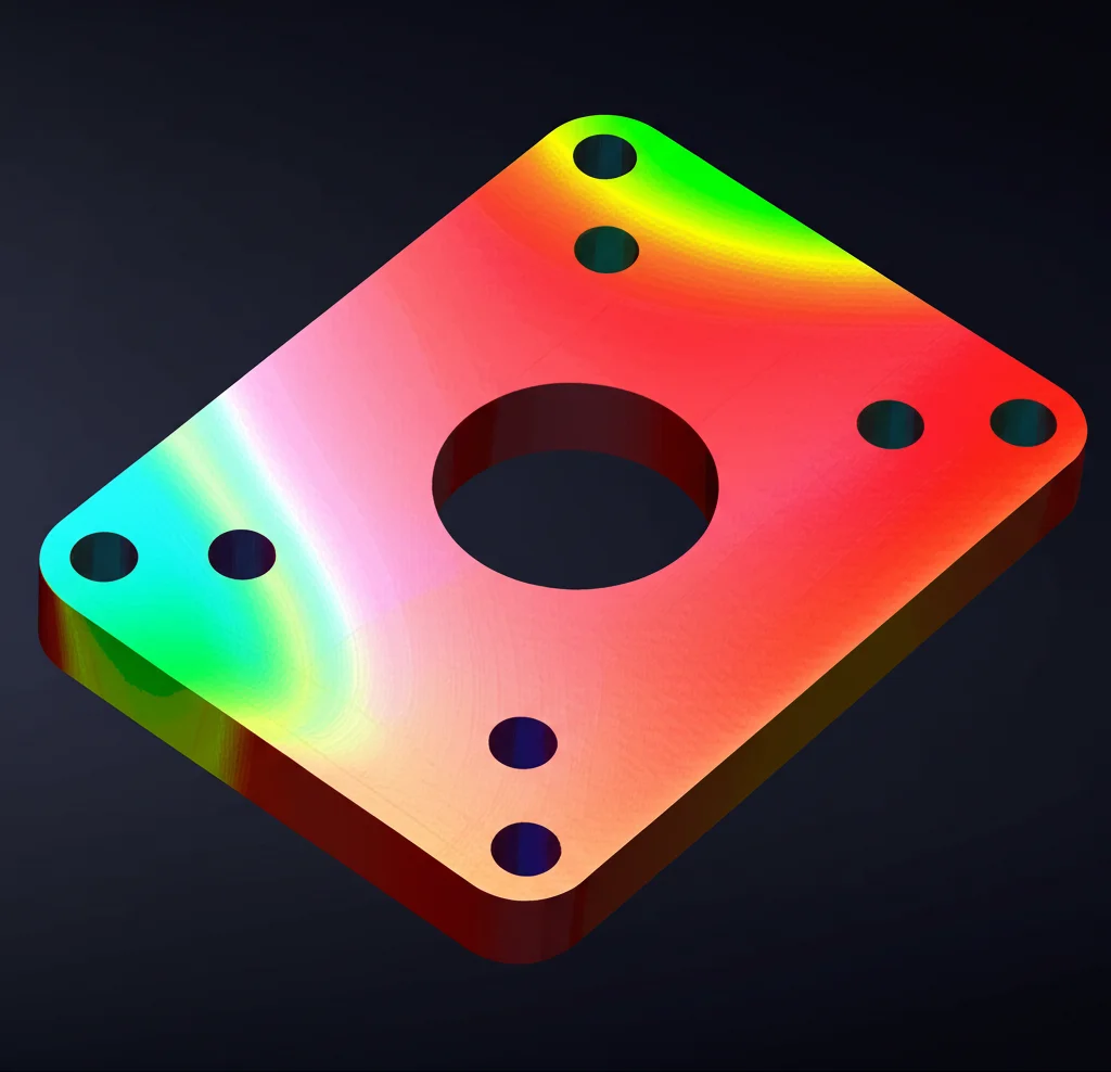 Visualizzazione 3D generata al computer di un modello di piastra di rinforzo con aree colorate che indicano i tassi di corrosione, simile a un output COMSOL, alta definizione, illuminazione da studio, per illustrare l'impatto dei fattori.