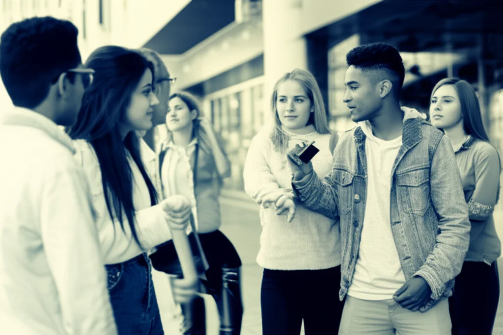 Gruppo diversificato di adolescenti, alcuni con tratti Latinx, che interagiscono in un ambiente informale, uno di loro tiene discretamente una sigaretta elettronica. In un angolo, una figura genitoriale osserva con espressione mista. Scena di vita quotidiana, obiettivo 35mm, luce naturale diffusa, duotone seppia e ciano per un effetto nostalgico ma moderno.