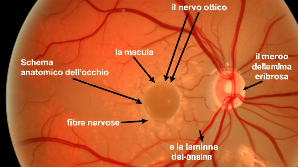 Schema anatomico dell'occhio che evidenzia la retina, la macula, il nervo ottico e la lamina cribrosa, con frecce che indicano il percorso delle fibre nervose. Wide-angle, 15mm, illuminazione didattica chiara, sharp focus su tutte le strutture.