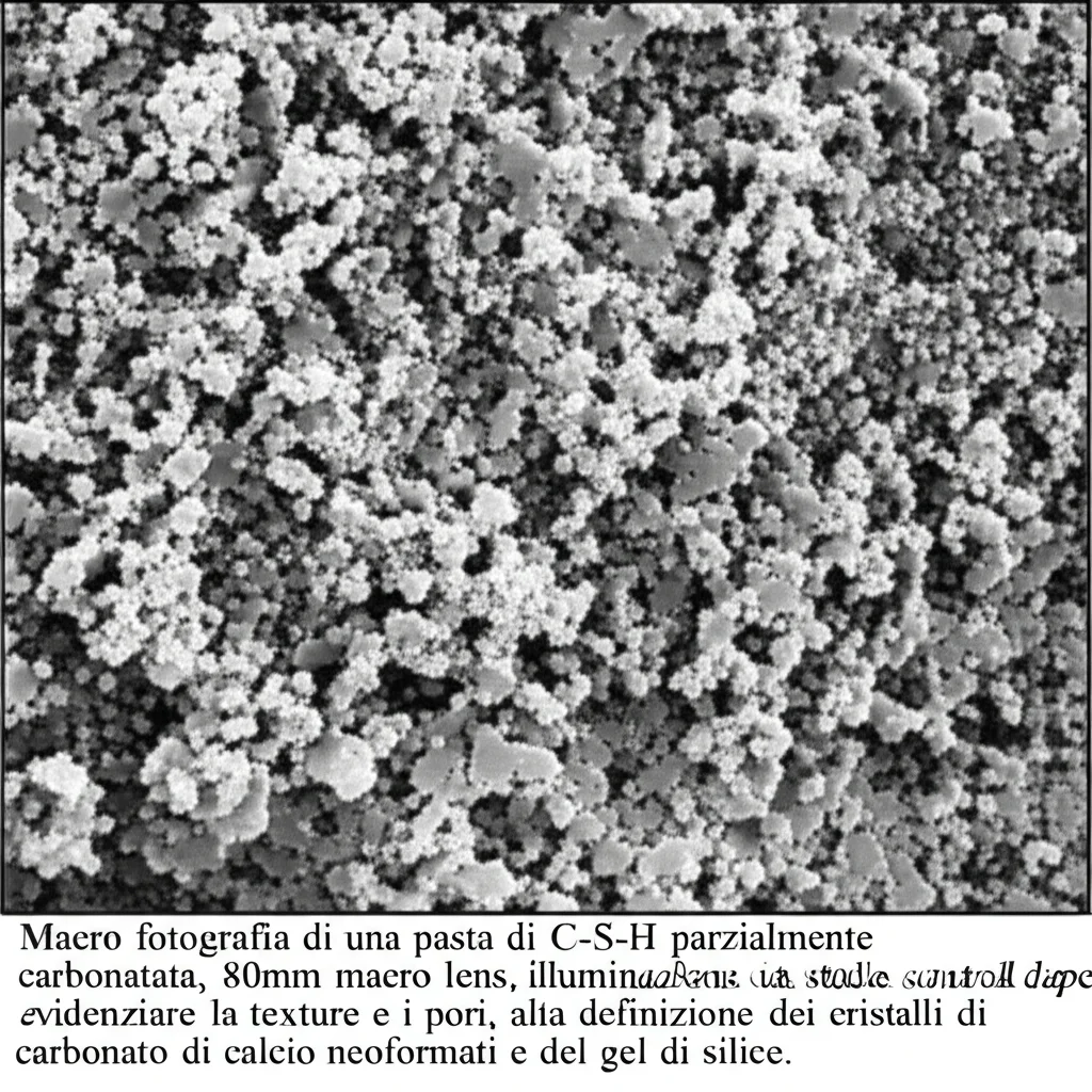Macro fotografia di una pasta di C-S-H parzialmente carbonatata, 80mm macro lens, illuminazione da studio controllata per evidenziare la texture e i pori, alta definizione dei cristalli di carbonato di calcio neoformati e del gel di silice.