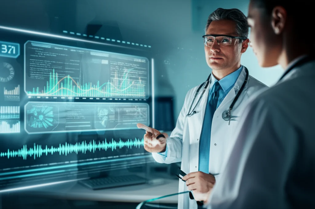 Un medico specialista, in un ambiente clinico moderno e luminoso, osserva attentamente un'interfaccia digitale futuristica che mostra l'analisi di onde sonore vocali e dati biometrici complessi. Obiettivo prime, 35mm, profondità di campo, illuminazione controllata per evidenziare i dettagli dello schermo.