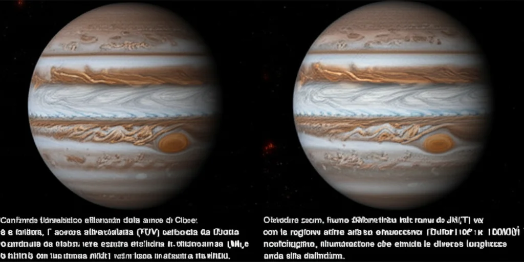 Confronto fotorealistico affiancato delle aurore di Giove: a sinistra, l'aurora ultravioletta (FUV) catturata da Hubble, che mostra archi brillanti e dettagliati; a destra, l'aurora infrarossa (H₃⁺) catturata da JWST, con la regione attiva crepuscolare (DAR) particolarmente luminosa. Obiettivo zoom, focale 200mm, per evidenziare le differenze morfologiche, illuminazione che simula le diverse lunghezze d'onda, alta definizione.