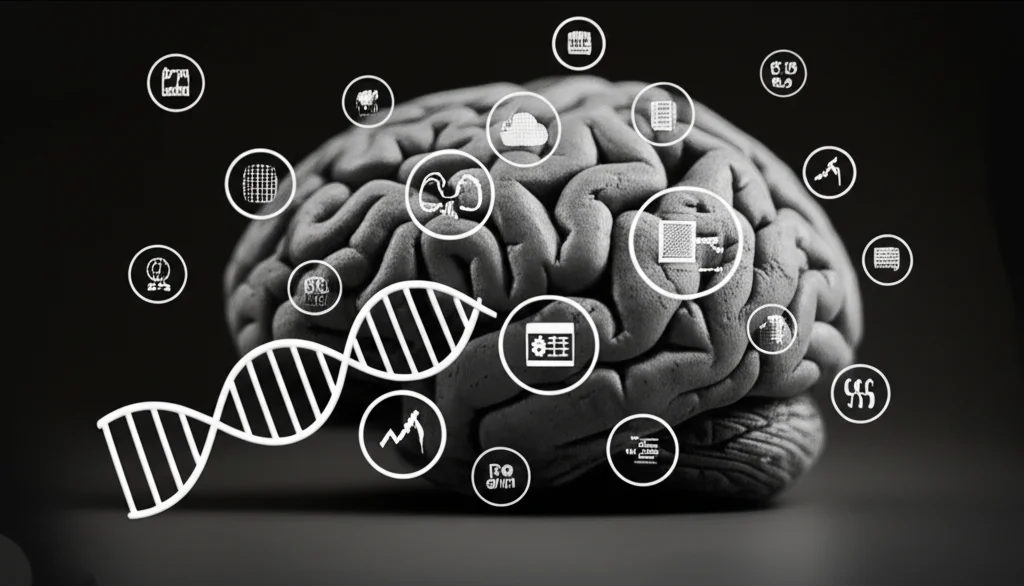 Un'immagine concettuale che rappresenta la complessità della diagnosi della demenza, magari con un cervello stilizzato e simboli di dati diversi (genetici, clinici, MRI) che convergono verso di esso. Utilizzare un obiettivo prime da 35mm, con una profondità di campo ridotta per mettere a fuoco il cervello e sfocare leggermente i dati, in bianco e nero film per un tocco drammatico e scientifico.