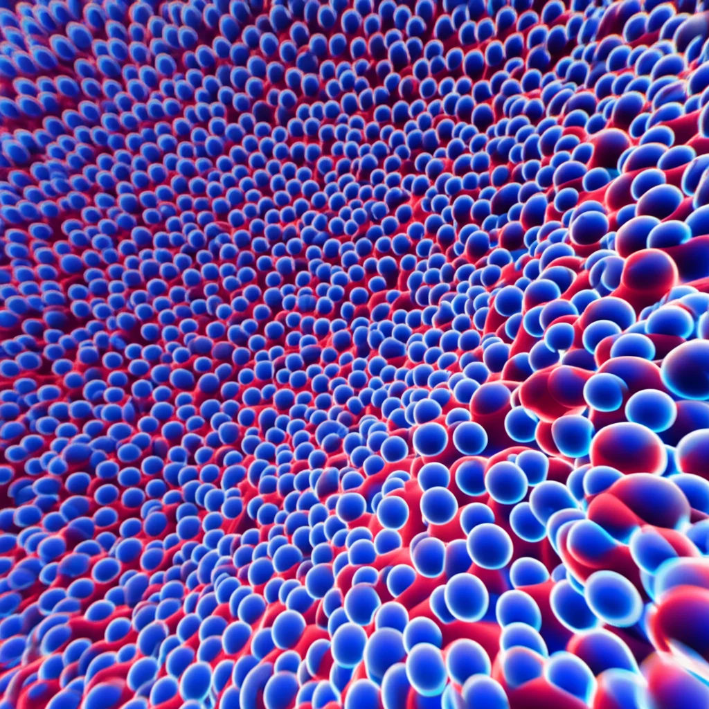 Visualizzazione 3D astratta della microstruttura porosa di un materiale cementizio, con molecole di CO2 (rosse) che diffondono attraverso i pori e molecole d'acqua (blu) presenti sulle superfici, wide-angle 15mm, focus selettivo sui pori più grandi, illuminazione diffusa per un effetto quasi etereo.