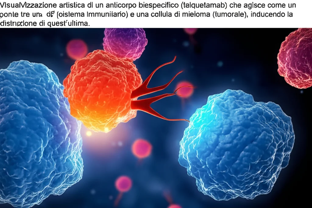Visualizzazione artistica di un anticorpo bispecifico (talquetamab) che agisce come un ponte tra una cellula T (sistema immunitario) e una cellula di mieloma (tumorale), inducendo la distruzione di quest'ultima. Sfondo scuro con elementi cellulari stilizzati, illuminazione che evidenzia l'interazione, obiettivo macro 100mm, alta definizione.