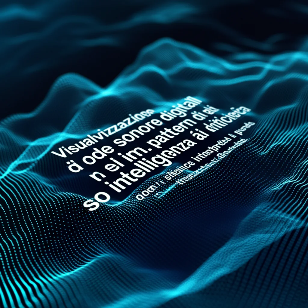 Visualizzazione astratta di onde sonore digitali che si trasformano in pattern di dati analitici su uno schermo high-tech, simboleggiando l'intelligenza artificiale che interpreta la parola. Macro lens, 100mm, high detail, precise focusing, illuminazione controllata con riflessi blu e verdi.