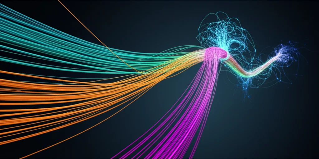 Visualizzazione astratta dell'integrazione multi-omica: diversi flussi di dati colorati (rappresentanti dati genetici, clinici, di imaging) che si fondono elegantemente in un unico flusso o in una struttura neurale complessa. Macro lens, 100mm, alta definizione, illuminazione controllata per far risaltare i dettagli dei flussi di dati, sfondo scuro per enfatizzare la convergenza.