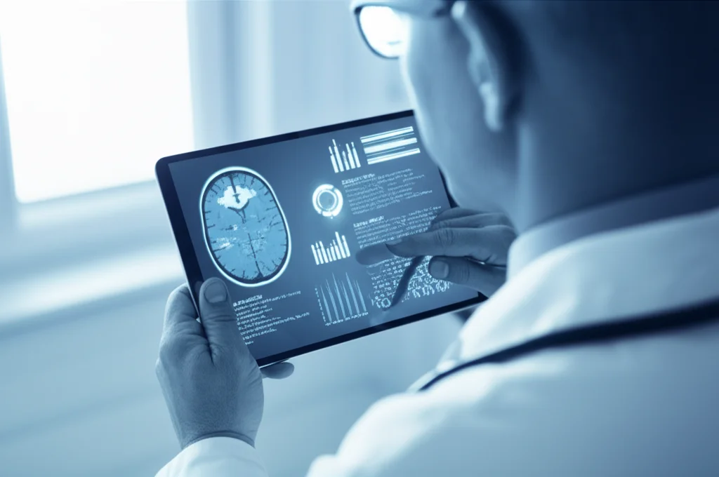 Un medico che esamina con fiducia una scansione cerebrale su un tablet high-tech, con grafici e dati interpretabili visibili sullo schermo, suggerendo una diagnosi chiara e un piano di trattamento. Obiettivo prime, 50mm, luce soffusa da una finestra laterale, duotone blu e grigio per un'atmosfera clinica ma speranzosa, profondità di campo.