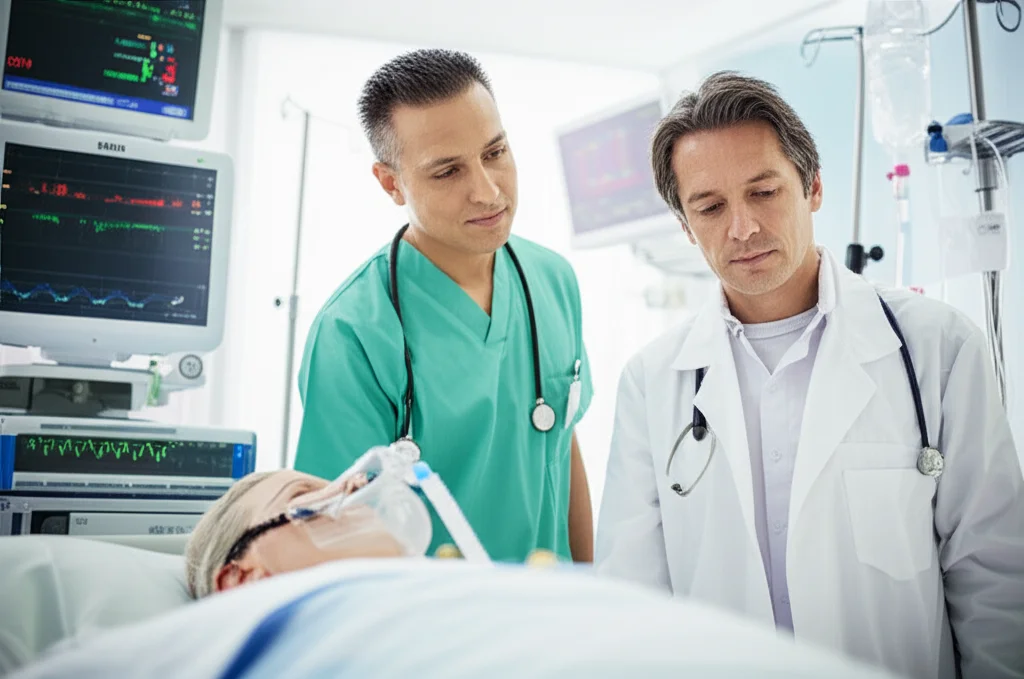 Un paziente in terapia intensiva, assistito da un medico, mentre riceve supporto respiratorio non invasivo con maschera facciale. L'ambiente è moderno, con monitor che mostrano parametri vitali. L'immagine è scattata con un obiettivo prime da 35mm, con profondità di campo per mettere a fuoco il paziente e il dispositivo, e uno sfondo leggermente sfocato. Luci controllate per un'atmosfera clinica ma rassicurante.