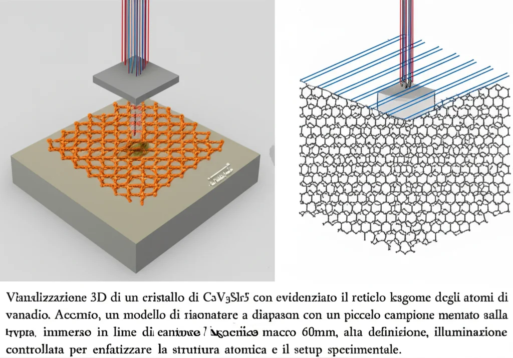 Visualizzazione 3D di un cristallo di CsV3Sb5 con evidenziato il reticolo kagome degli atomi di vanadio. Accanto, un modello di risonatore a diapason con un piccolo campione montato sulla punta, immerso in linee di campo magnetico. Obiettivo macro 60mm, alta definizione, illuminazione controllata per enfatizzare la struttura atomica e il setup sperimentale.