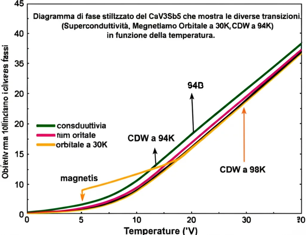 Diagramma di fase stilizzato del CsV3Sb5 che mostra le diverse transizioni (Superconduttività, Magnetismo Orbitale a 30K, CDW a 94K) in funzione della temperatura. Linee colorate indicano le diverse fasi. Obiettivo macro 100mm, alta definizione, illuminazione controllata per chiarezza grafica.