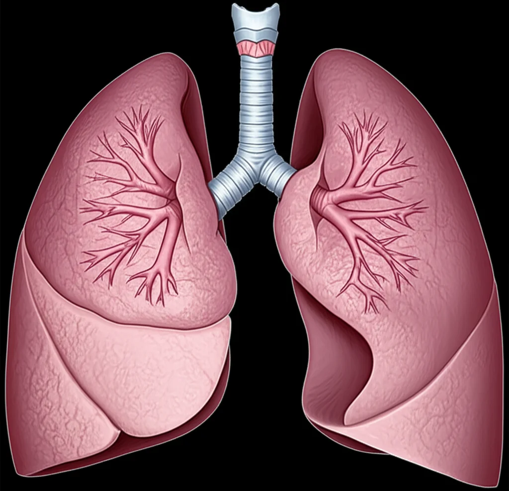 Illustrazione medica dettagliata che mostra una sezione trasversale dei polmoni con evidenziazione delle aree dorsali e del diaframma. L'immagine dovrebbe avere un aspetto fotorealistico, come da un atlante di anatomia di alta qualità. Obiettivo macro, 100mm, per catturare i dettagli fini delle strutture alveolari e bronchiali, illuminazione da studio per una resa tridimensionale.