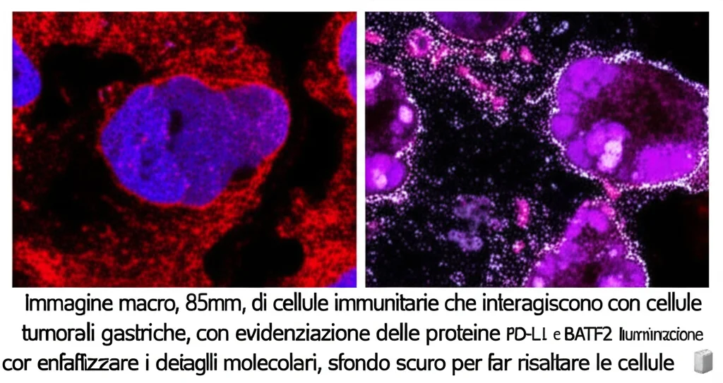 Immagine macro, 85mm, di cellule immunitarie che interagiscono con cellule tumorali gastriche, con evidenziazione delle proteine PD-L1 e BATF2. Illuminazione controllata per enfatizzare i dettagli molecolari, sfondo scuro per far risaltare le cellule.