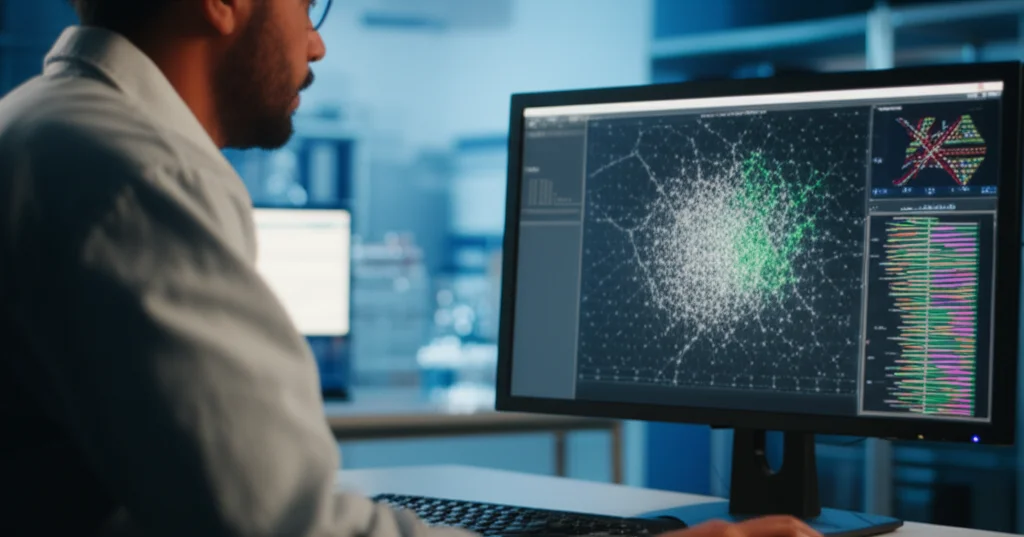 Fotografia di un ricercatore in laboratorio che osserva dati genomici su un monitor ad alta risoluzione, con grafici di espressione genica e reti di interazione proteica. Obiettivo prime, 35mm, con profondità di campo per mettere a fuoco il monitor e sfocare leggermente lo sfondo del laboratorio.