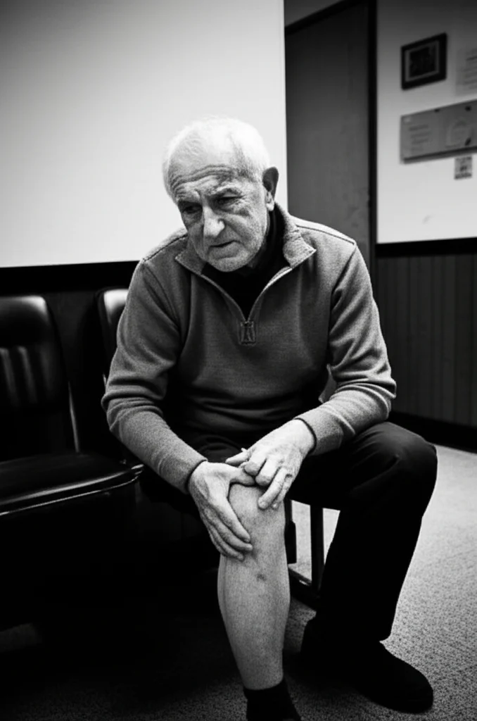 Un paziente anziano seduto in una sala d'attesa di un ospedale, con un'espressione preoccupata, mentre si tiene la mano su un ginocchio dolente. Fotografia in bianco e nero, stile film noir, profondità di campo ridotta per focalizzare sul paziente, obiettivo 35mm.