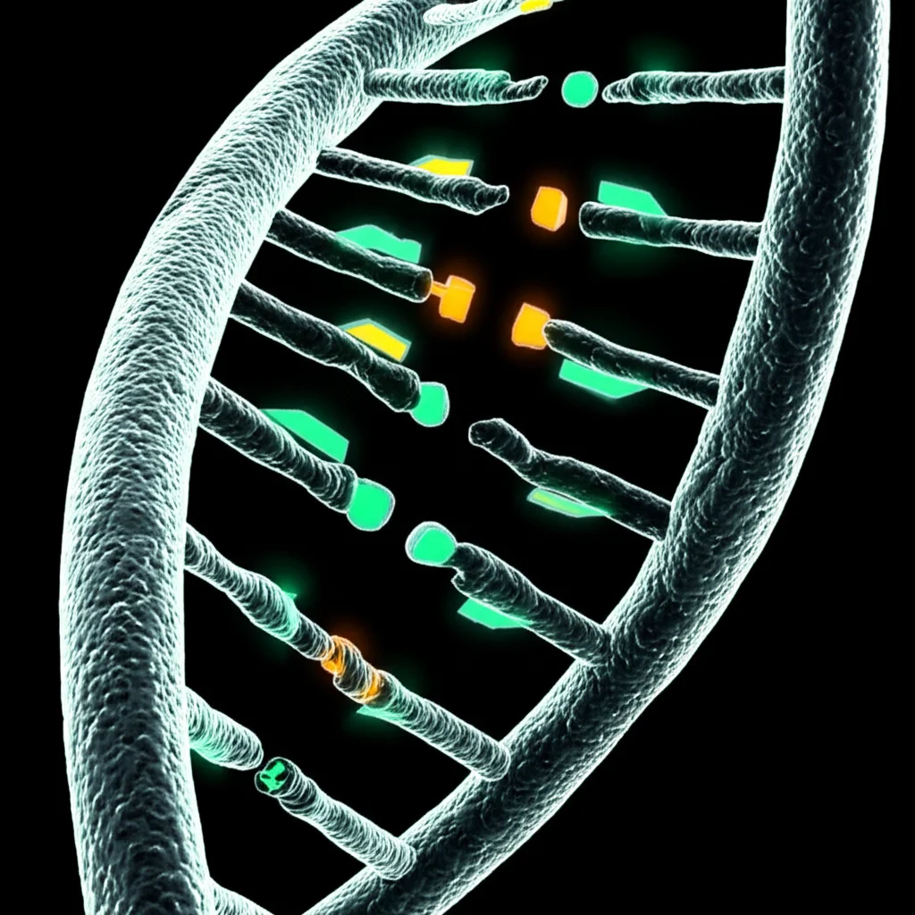 Visualizzazione fotorealistica di una doppia elica di DNA estremamente lunga e complessa, con sezioni luminescenti che rappresentano gli elementi trasponibili attivi. Lo sfondo è scuro, quasi nero, per far risaltare il DNA. Utilizzo di un obiettivo macro da 90mm per dettagli elevatissimi e messa a fuoco precisa su una porzione dell'elica, illuminazione controllata per accentuare la tridimensionalità.