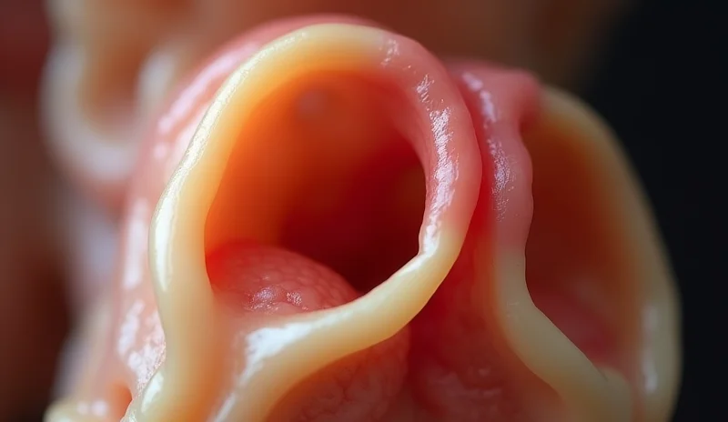 Fotografia macro di un modello anatomico dettagliato della regione anale, con evidenziata una fistola perianale e la potenziale area di prelievo per un lembo di avanzamento. Illuminazione controllata per enfatizzare le texture dei tessuti, obiettivo macro 100mm, alta definizione.