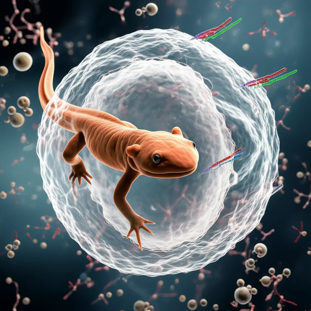Illustrazione concettuale fotorealistica di un nucleo cellulare di salamandra, eccezionalmente grande. All'interno, filamenti di DNA (TE) e molecole proteiche (sistemi di silenziamento) fluttuano, con alcune che interagiscono debolmente. L'immagine è catturata con un obiettivo wide-angle da 20mm per enfatizzare la vastità dello spazio nucleare, con una lunga esposizione per suggerire il movimento lento e quasi casuale delle molecole. Effetto 'depth of field' per mantenere a fuoco solo alcune interazioni, mentre il resto sfuma, a simboleggiare la 'rumorosità'.