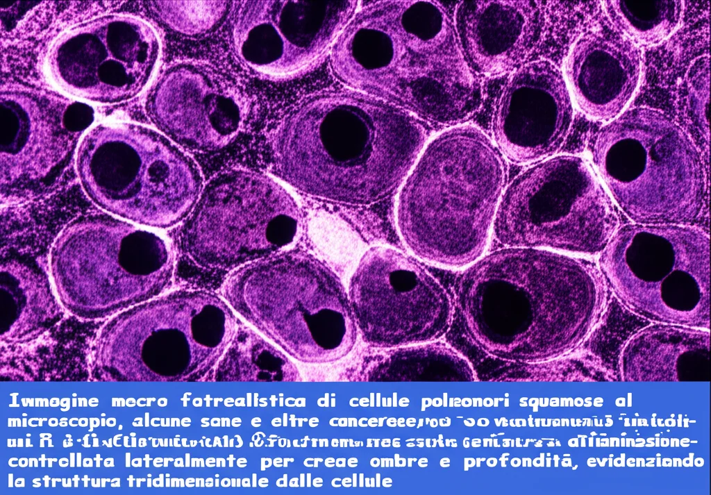 Immagine macro fotorealistica di cellule polmonari squamose al microscopio, alcune sane e altre cancerose che mostrano segni iniziali di PANoptosi (sottile frammentazione cellulare). Obiettivo macro 100mm, alta definizione, illuminazione controllata lateralmente per creare ombre e profondità, evidenziando la struttura tridimensionale delle cellule.