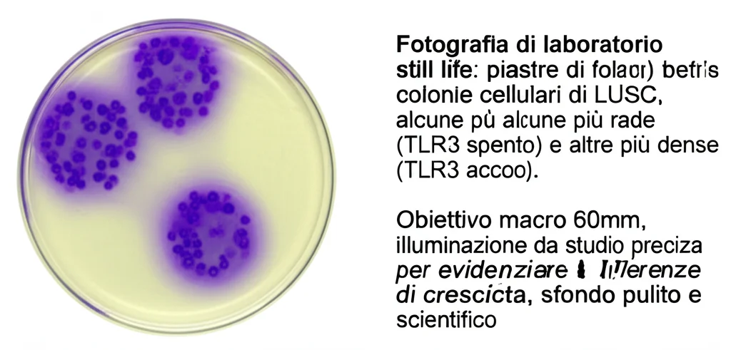 Fotografia di laboratorio still life: piastre di Petri con colonie cellulari di LUSC, alcune più rade (TLR3 spento) e altre più dense (TLR3 acceso). Obiettivo macro 60mm, illuminazione da studio precisa per evidenziare le differenze di crescita, sfondo pulito e scientifico.