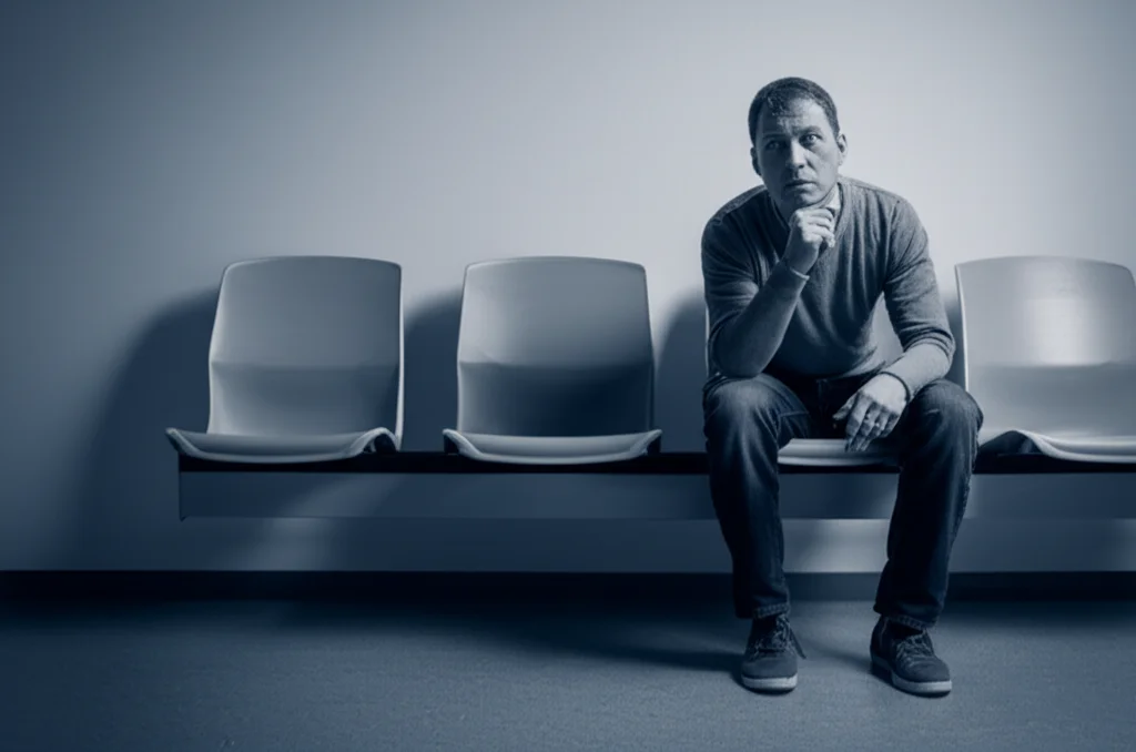 Immagine simbolica di un paziente seduto su una sedia in una sala d'attesa, con espressione pensierosa, a rappresentare l'impatto psicologico e sulla qualità della vita delle fistole perianali. Obiettivo da ritratto 35mm, profondità di campo per isolare il soggetto, toni blu e grigi duotone per trasmettere serietà.