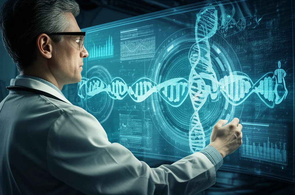 Un ricercatore medico in camice bianco esamina con concentrazione dati genomici complessi visualizzati su un grande schermo olografico in un laboratorio futuristico. L'immagine dovrebbe trasmettere precisione e tecnologia avanzata. Macro lens, 85mm, high detail, precise focusing, controlled lighting, duotone blu elettrico e argento.
