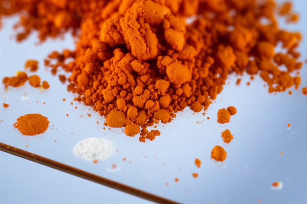 Primo piano macro di nanoparticelle di propoli e curcumina, illuminate con luce da studio controllata, che mostrano dettagli finissimi, accanto a una piccola quantità di polvere di MTA su un vetrino da laboratorio, obiettivo macro 60mm, alta definizione, precise focusing.