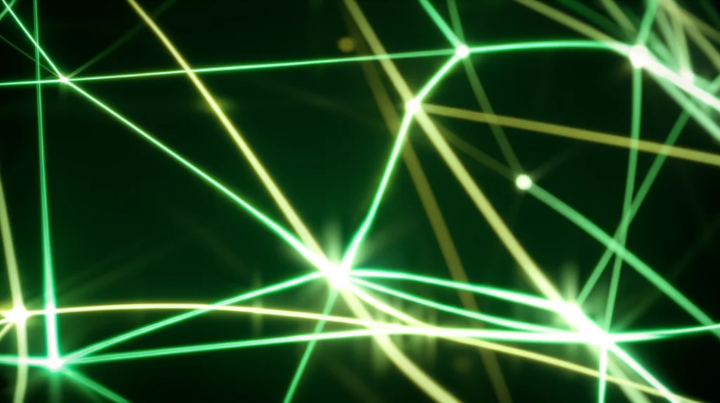 Visualizzazione astratta di un network neurale complesso, con nodi luminosi e connessioni che simboleggiano il processo di apprendimento di un LLM. Lo sfondo è scuro per far risaltare i dettagli luminosi. Wide-angle, 10mm, long exposure, sharp focus, duotone verde smeraldo e oro.