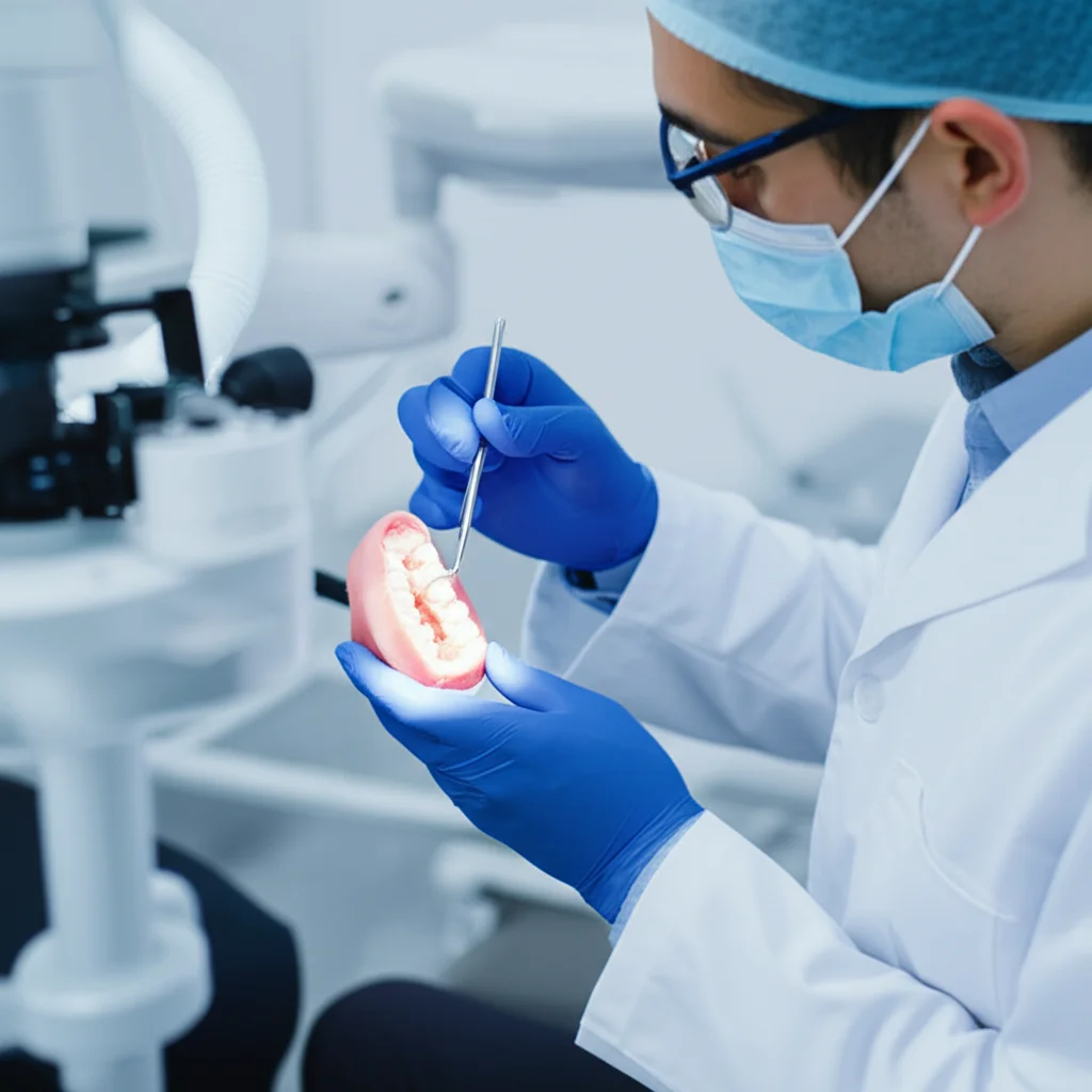 Un dentista, in un moderno studio odontoiatrico, applica con cura un materiale per l'incappucciamento diretto della polpa su un molare esposto, utilizzando strumenti di precisione, fotografia di ritratto con obiettivo da 35mm, profondità di campo, illuminazione da studio, duotone blu e grigio.