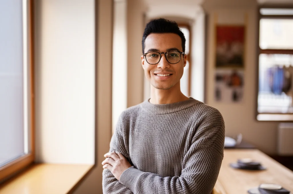 Una persona sorridente guarda fuori dalla finestra di un appartamento luminoso e accogliente, simbolo di benessere finanziario e mentale. Luce naturale, colori caldi e rassicuranti, obiettivo 50mm, leggera profondità di campo.