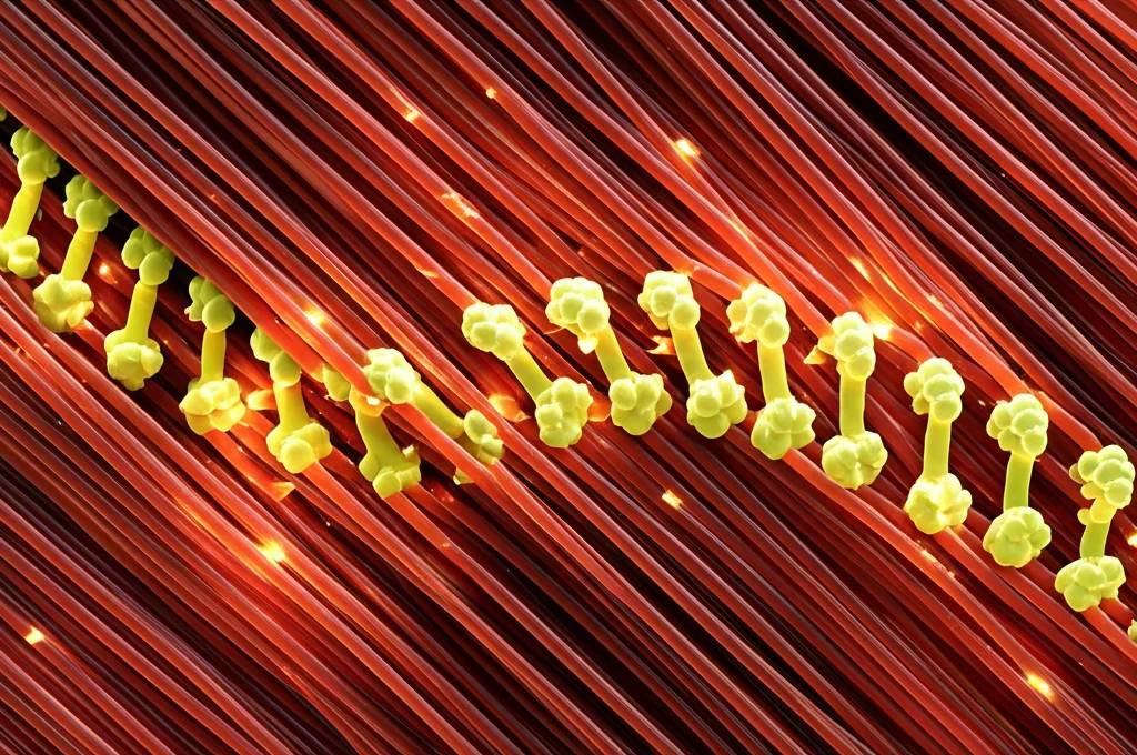 Immagine macro di filamenti di actina e miosina che interagiscono all'interno di una cellula muscolare, illuminazione controllata per evidenziare i dettagli molecolari, obiettivo macro 100mm, alta definizione. I filamenti di actina appaiono come sottili corde, mentre le teste di miosina si legano e si staccano, con piccole scintille che rappresentano l'idrolisi dell'ATP.