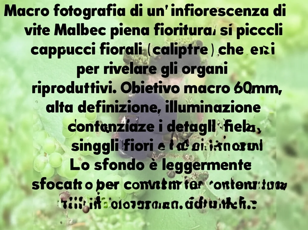 Macro fotografia di un'infiorescenza di vite Malbec in piena fioritura, con i piccoli cappucci fiorali (caliptre) che si staccano per rivelare gli organi riproduttivi. Obiettivo macro 60mm, alta definizione, illuminazione controllata per evidenziare i dettagli dei singoli fiori e del polline. Lo sfondo è leggermente sfocato per concentrare l'attenzione sull'infiorescenza.