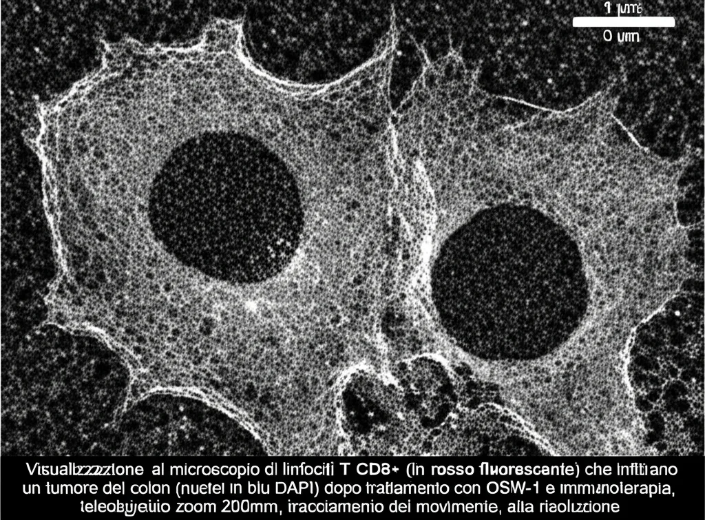 Visualizzazione al microscopio di linfociti T CD8+ (in rosso fluorescente) che infiltrano un tumore del colon (nuclei in blu DAPI) dopo trattamento con OSW-1 e immunoterapia, teleobiettivo zoom 200mm, tracciamento del movimento, alta risoluzione.