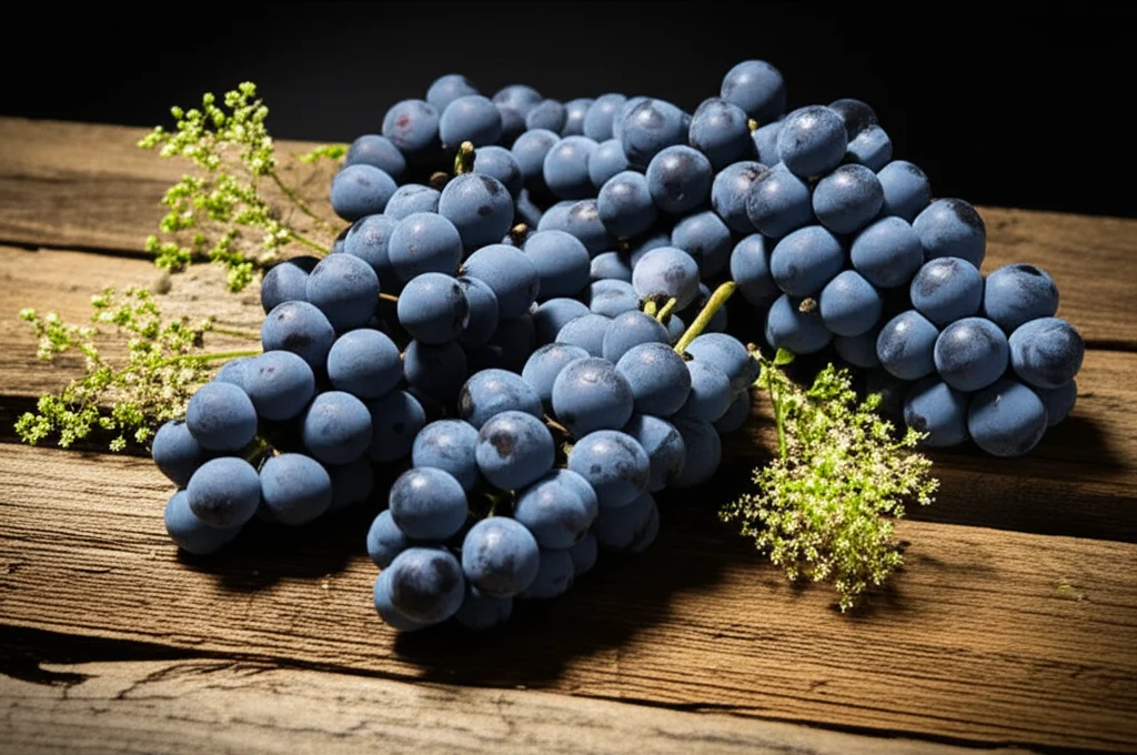 Fotografia still life di quattro diversi grappoli d'uva Malbec su un tavolo di legno rustico, ognuno rappresentante un clone con caratteristiche diverse di allegagione. Alcuni grappoli sono compatti e pieni, altri più spargoli. Obiettivo 105mm macro, illuminazione da studio per esaltare i colori e le texture degli acini, alta definizione. Accanto ai grappoli, alcuni fiori di vite e campioni di polline osservati al microscopio.