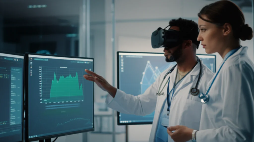 Due medici specializzandi, uno di sesso maschile e uno femminile, discutono animatamente davanti a schermi che mostrano interfacce VR e dati medici. Uno indica uno schermo con un grafico della variabilità della frequenza cardiaca (HRV). L'ambiente è un laboratorio di ricerca high-tech. Obiettivo zoom 24-70mm, impostato a circa 50mm, per un ritratto ambientale. Illuminazione controllata, con dettagli nitidi sugli schermi e sulle espressioni dei medici.