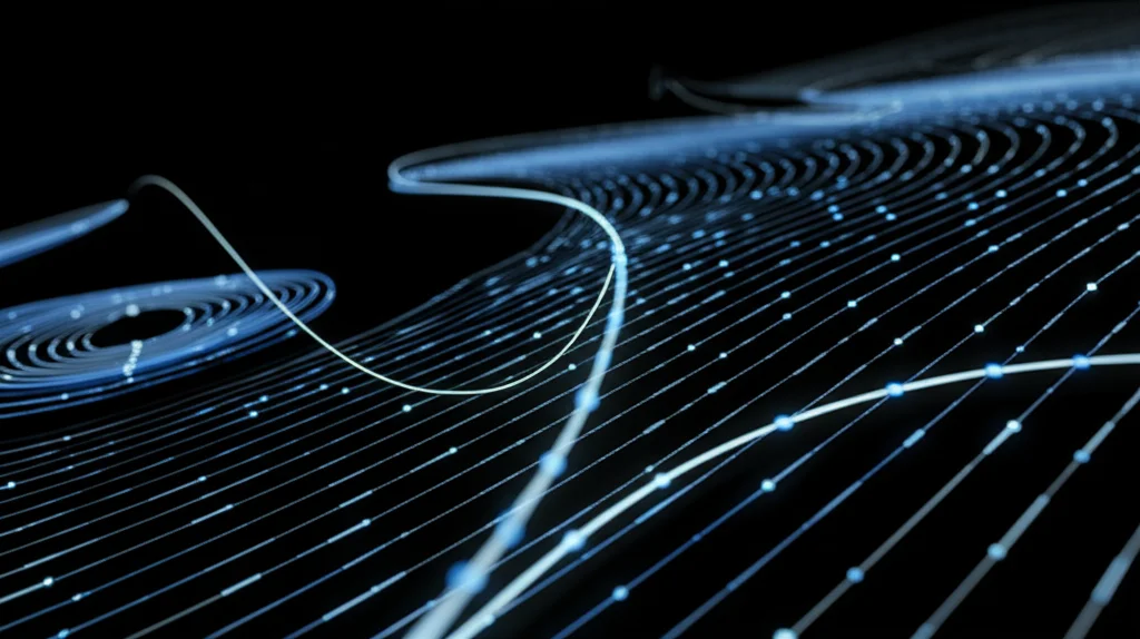 Visualizzazione astratta di dati scientifici, con grafici e curve che emergono da uno sfondo scuro, illuminazione drammatica per evidenziare le forme, obiettivo grandangolare 20mm per un senso di vastità dei dati, colori duotone blu e argento. Una curva evidenziata mostra un minimo, rappresentando l'ottimizzazione.