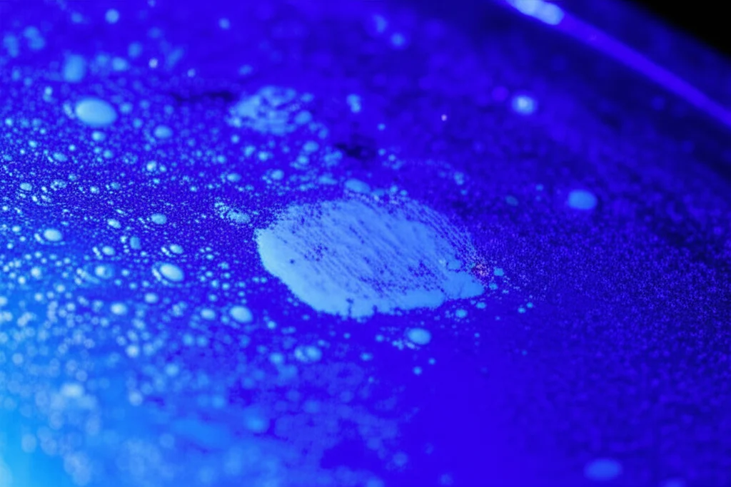 Immagine macro ad altissima definizione di polvere di vernice colorata su una superficie metallica, illuminata da una luce UV viola brillante. L'obiettivo macro da 100mm cattura i dettagli dei granuli di polvere che iniziano a fondersi e a formare un film liscio. L'illuminazione è controllata per enfatizzare la texture e il cambiamento di fase, con riflessi che suggeriscono la reazione chimica in corso.