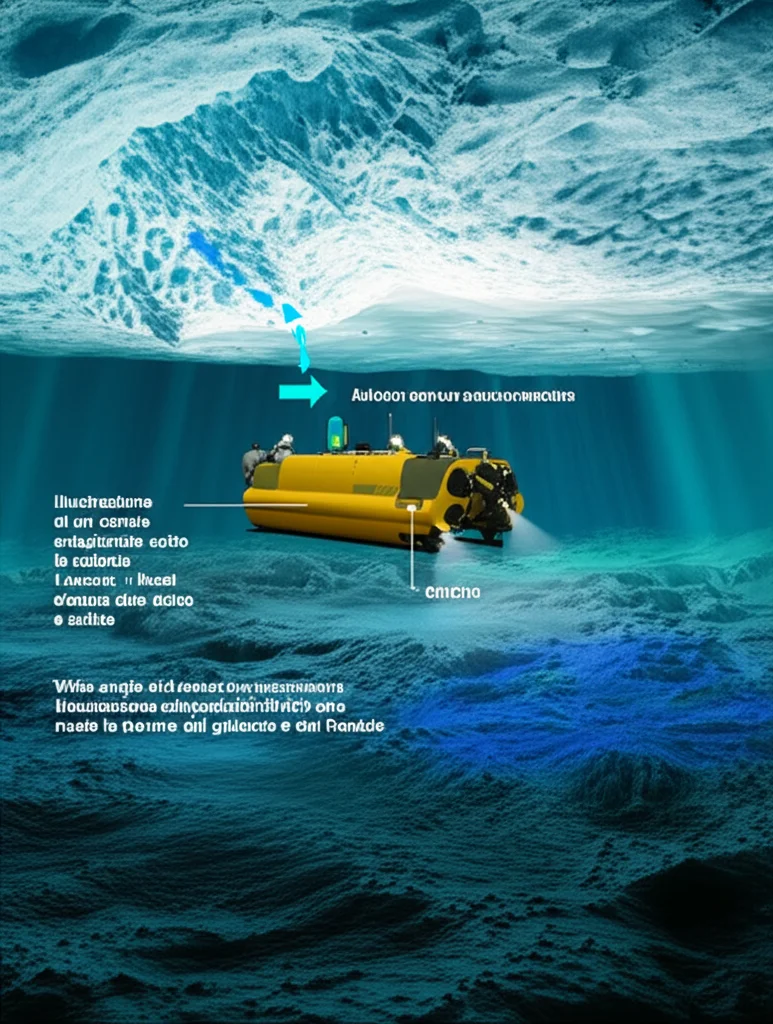 Illustrazione scientifica di un canale subglaciale sotto la calotta antartica, con frecce che indicano i flussi d'acqua dolce e salata. In primo piano, un veicolo sottomarino autonomo (ROV) che esplora il canale. Wide-angle, 10-24mm, illuminazione artificiale che rivela le texture del ghiaccio e del fondale.